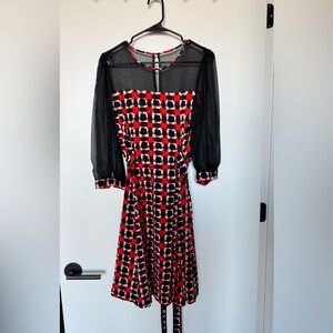 Kate Spade 100% Silk Black and Red Geometric Long Sleeve Dress Size M